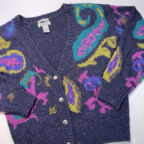 Gallagher Sweaters - Gallagher Vintage Hand Knit Sweater Cardigan Navy Pink Turquoise Women's Large